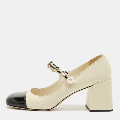 Pre-owned Miu Miu Cream/black Leather And Patent Leather Mary Jane Pumps Size 40 In White
