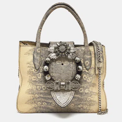 Pre-owned Miu Miu Cream/black Lizard Embossed Leather Crystal Embellished Tote
