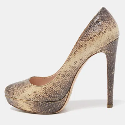Pre-owned Miu Miu Cream/brown Snakeskin Embossed Leather Platform Pumps Size 37