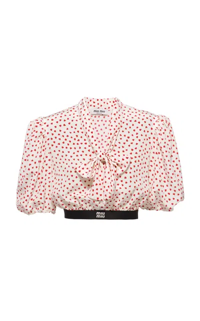 Miu Miu Crepe De Chine Cuori Cropped Top In Red