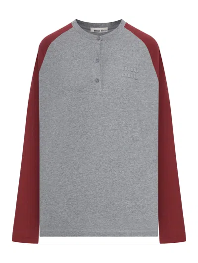 Miu Miu Cotton Jersey Henley Shirt In Blue