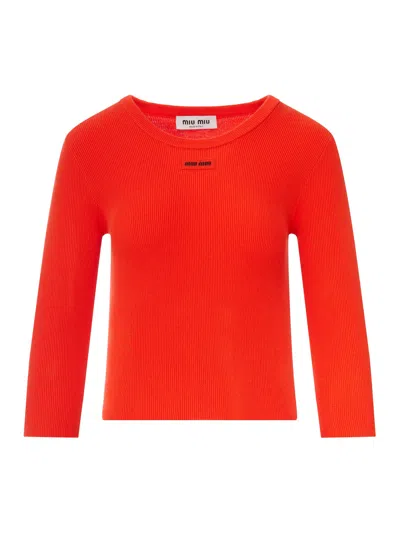 Miu Miu Crew Neck Cotton Sweater In Multi