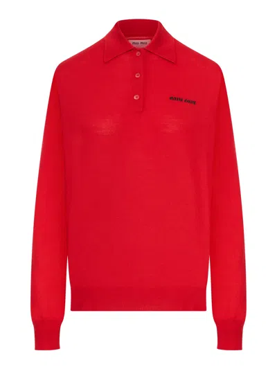 Miu Miu Crew Neck Cotton Sweater In Red