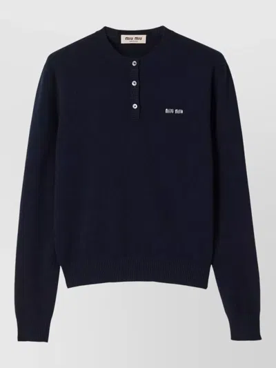 Miu Miu Crew Neck Knitwear Ribbed Cuffs Hem In Blue