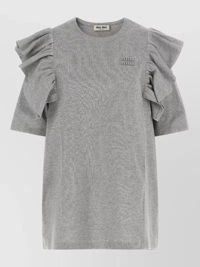 Miu Miu Crew Neck Mini Dress Ruffle Detail In Gray