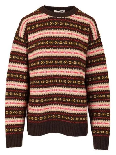 Miu Miu Crewneck Sweater In Virgin Wool In Brown