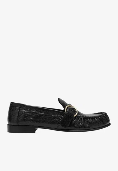 Miu Miu Crinkled Leather Loafers In Black