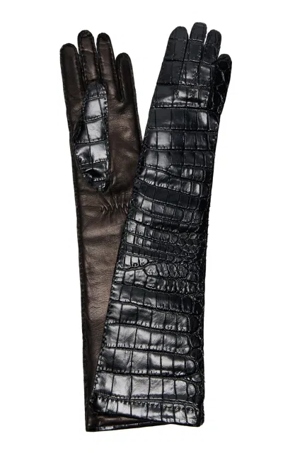 Miu Miu Croc-embossed Leather Gloves In Black