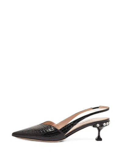 Pre-owned Miu Miu Croc-embossed Crystal-embellished Pumps In Black