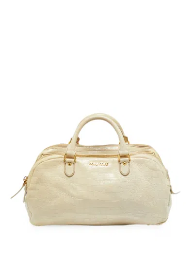 Pre-owned Miu Miu Croc-embossed Triple Zip Satchel Bag In Neutral