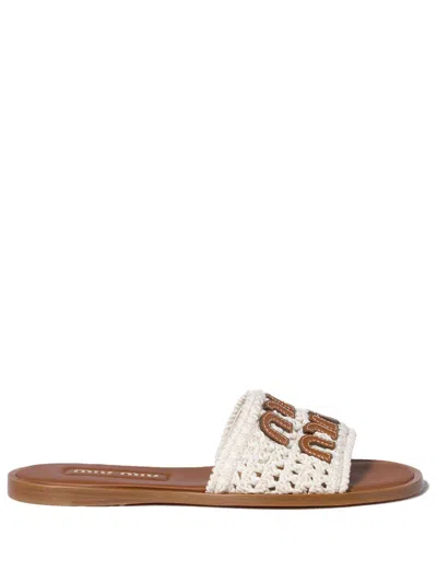 Miu Miu Leather Slides Open Toe Crochet Detail In White