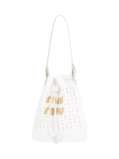 Miu Miu Crochet Bucket Bag In Bianco Natural