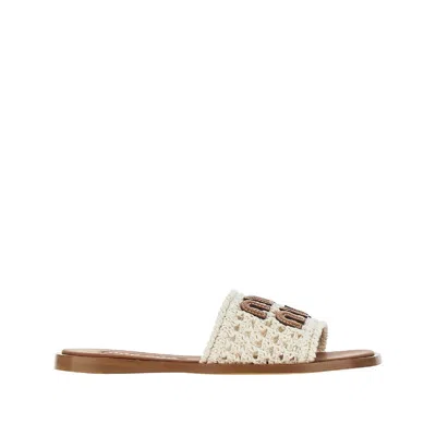 Miu Miu Crochet Cotton Slides With Logo In White