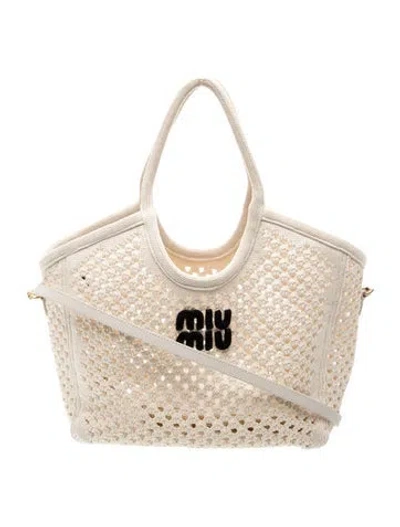 Pre-owned Miu Miu Crochet Ivy Tote Large In Neutral