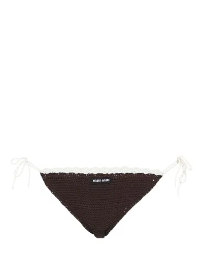 Miu Miu Crochet-knit Embroidered-logo Bikini Bottoms In Black