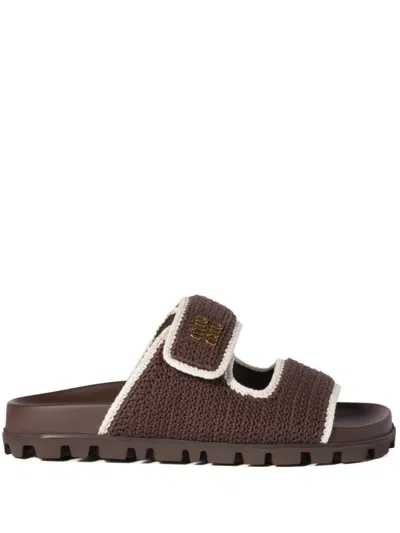 Miu Miu Crochet-knit Slides In Brown