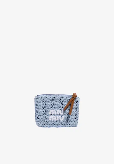 Miu Miu Crochet Knit Zipper Coin Purse In Blue