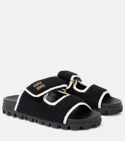 Miu Miu Crochet Double Band Slide Sandal In Black/ivory