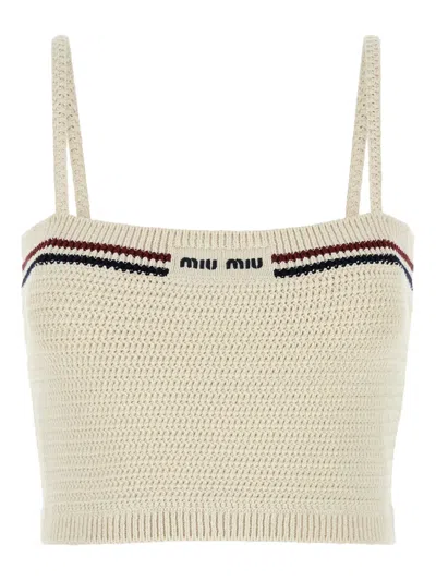 Miu Miu Cropped Textured Knit Top With Contrasting Stripes In Neutral
