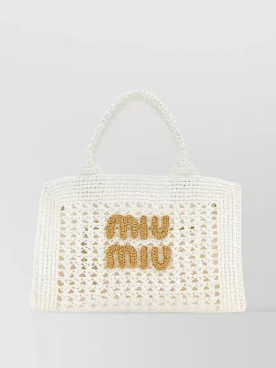 Miu Miu Crochet Structured Shoulder Bag With Round Handles In White