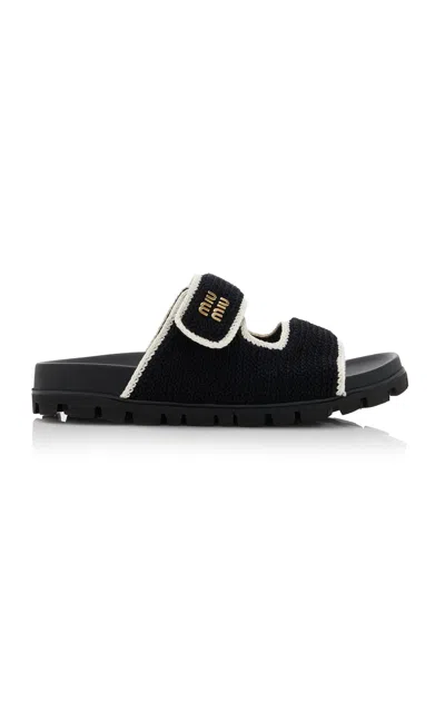 Miu Miu Bicolor Crochet Grip Slide Sandals In Black