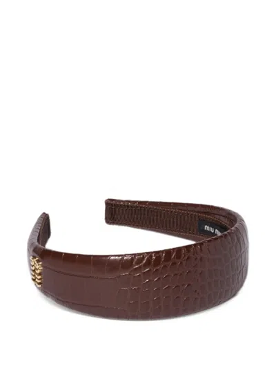 Miu Miu Crocodile Embossed Calfskin Headband In 브라운