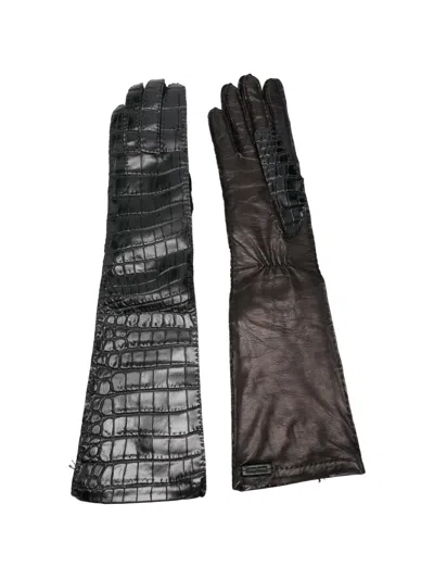 Pre-owned Miu Miu Crocodile-effect Leather Gloves In Black