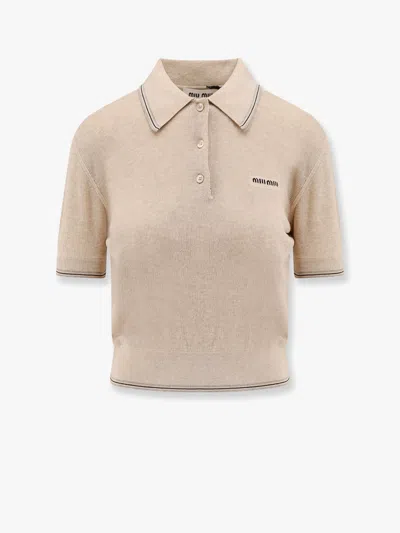 Miu Miu Crop Ribbed Cotton Polo Shirt In Beige
