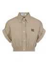 Miu Miu Cropped Green Shirt With Fitted Waist And Rolled Sleeves In Neutral