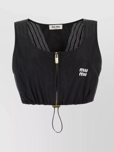 Miu Miu Crop-top With Elasticated Hem And Studded Embellishments In Black