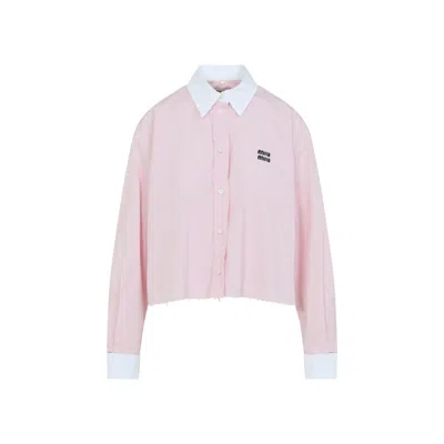 Miu Miu Cropped Button-up Shirt With Frayed Hem In White