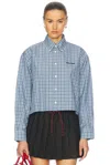 Miu Miu Light Blue Check Poplin Cropped Shirt In Celeste & Blue