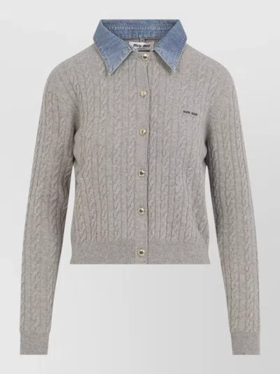 Miu Miu Denim-collar Cable-knit Cashmere Cardigan In Gray