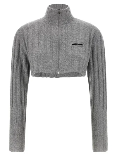 Miu Miu Cropped Knit Cardigan High Neck Long Sleeves In Gray