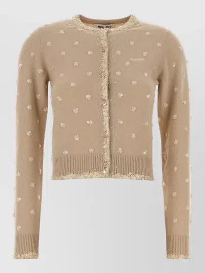 Miu Miu Cropped Cashmere Cardigan Embroidered Long Sleeves In Brown