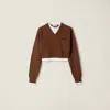 Miu Miu V-neck Layered Cashmere Knit Crop Sweater In Brown