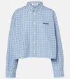 Miu Miu Light Blue Check Poplin Cropped Shirt In Blau