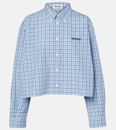 Miu Miu Check Print Cotton Shirt In Celeste+blu