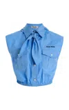 Miu Miu Logo Embroidered Cropped Shirt With Scarf In Blue