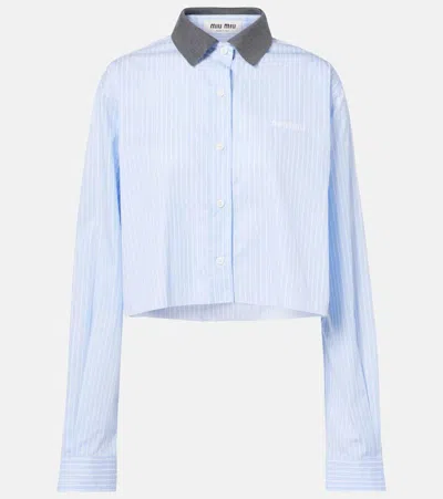 Miu Miu Cropped Cotton Shirt In Blue
