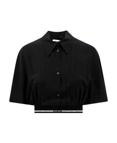 Miu Miu Cropped Crepe De Chine Shirt In Black