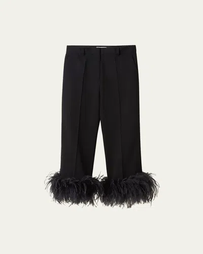 Miu Miu Cropped Feather-cuff Pants In Nero