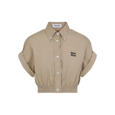 Miu Miu Cropped Green Shirt With Fitted Waist And Rolled Sleeves In Neutral