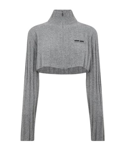 Miu Miu Cropped Knit Cardigan In Gray