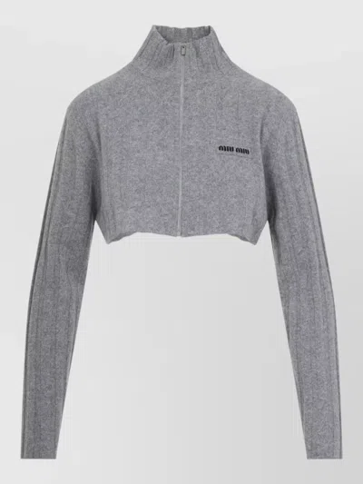 Miu Miu Cropped Knit Cardigan High Neck Long Sleeves In Gray