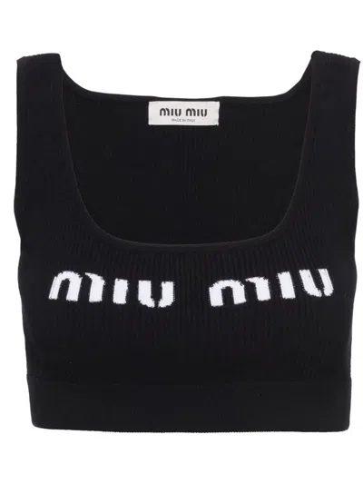Miu Miu Cropped Logo-knit Tank Top In Nero
