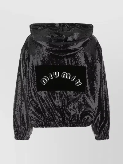 Miu Miu Cropped Sequins Velvet Hooded Sweatshirt In Brown