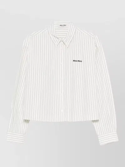 Miu Miu Cropped Shirt Long Sleeves Striped Collar In White
