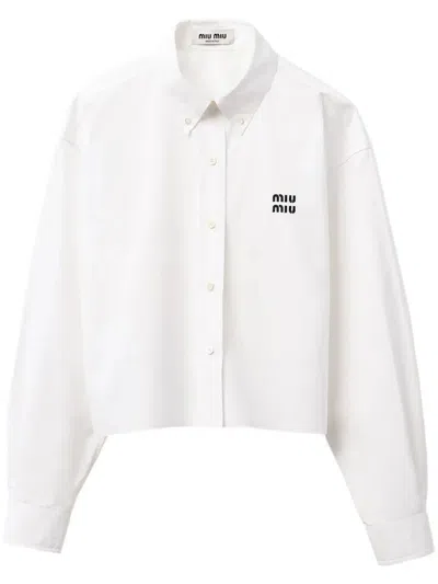 Miu Miu Cropped Long Sleeve Shirt With Point Collar In White