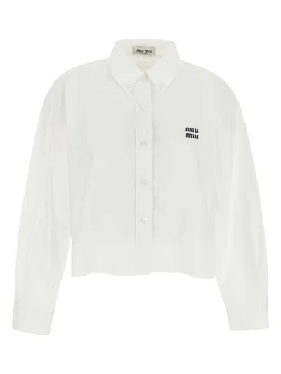 Miu Miu Cropped Long Sleeve Shirt With Point Collar In White